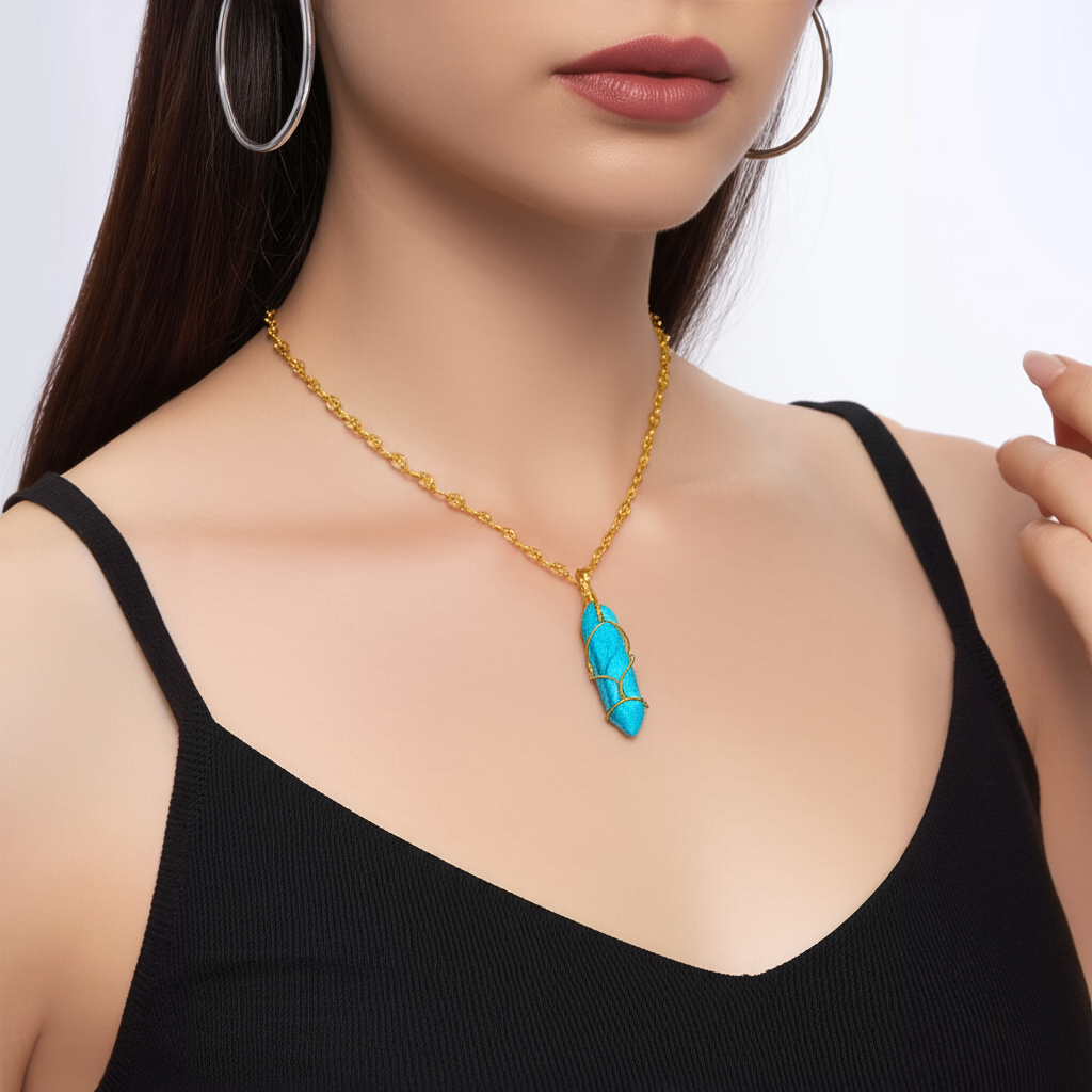 Woman wearing the golden dream necklace on a white background