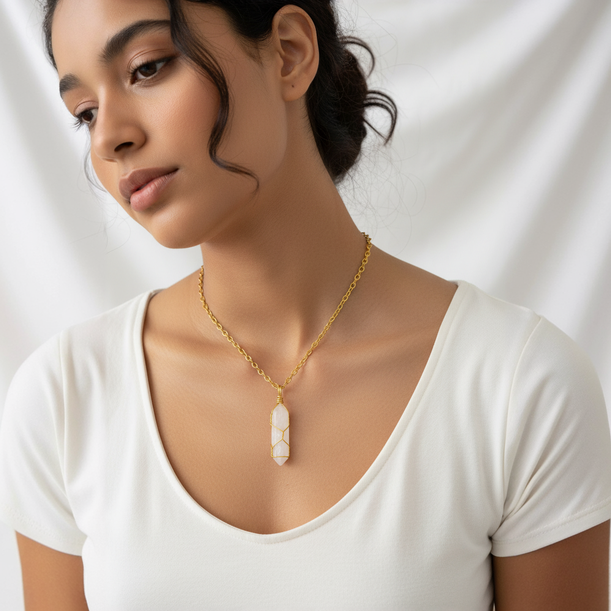 Woman wearing the golden aura necklace against a plain background